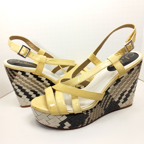 COLE HAAN & Nike Air Genevieve Pale Yellow Patent Sandals w/ Bold Woven Plat… - Picture 11 of 15